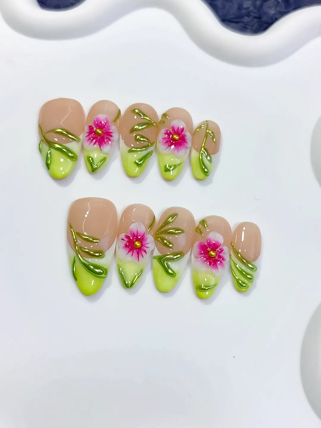 Medium Nude Green Almond French tip Flower Leaf