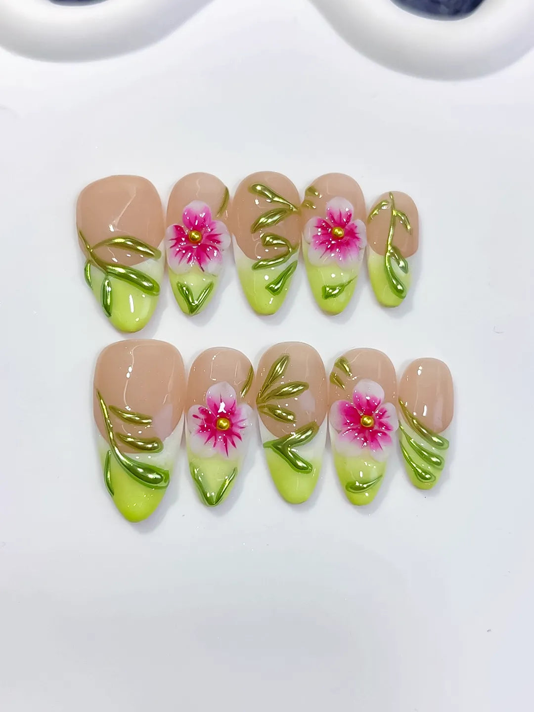 Medium Nude Green Almond French tip Flower Leaf