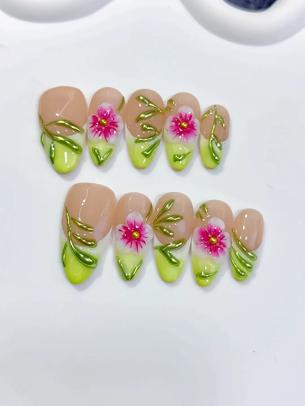 Medium Nude Green Almond French tip Flower Leaf