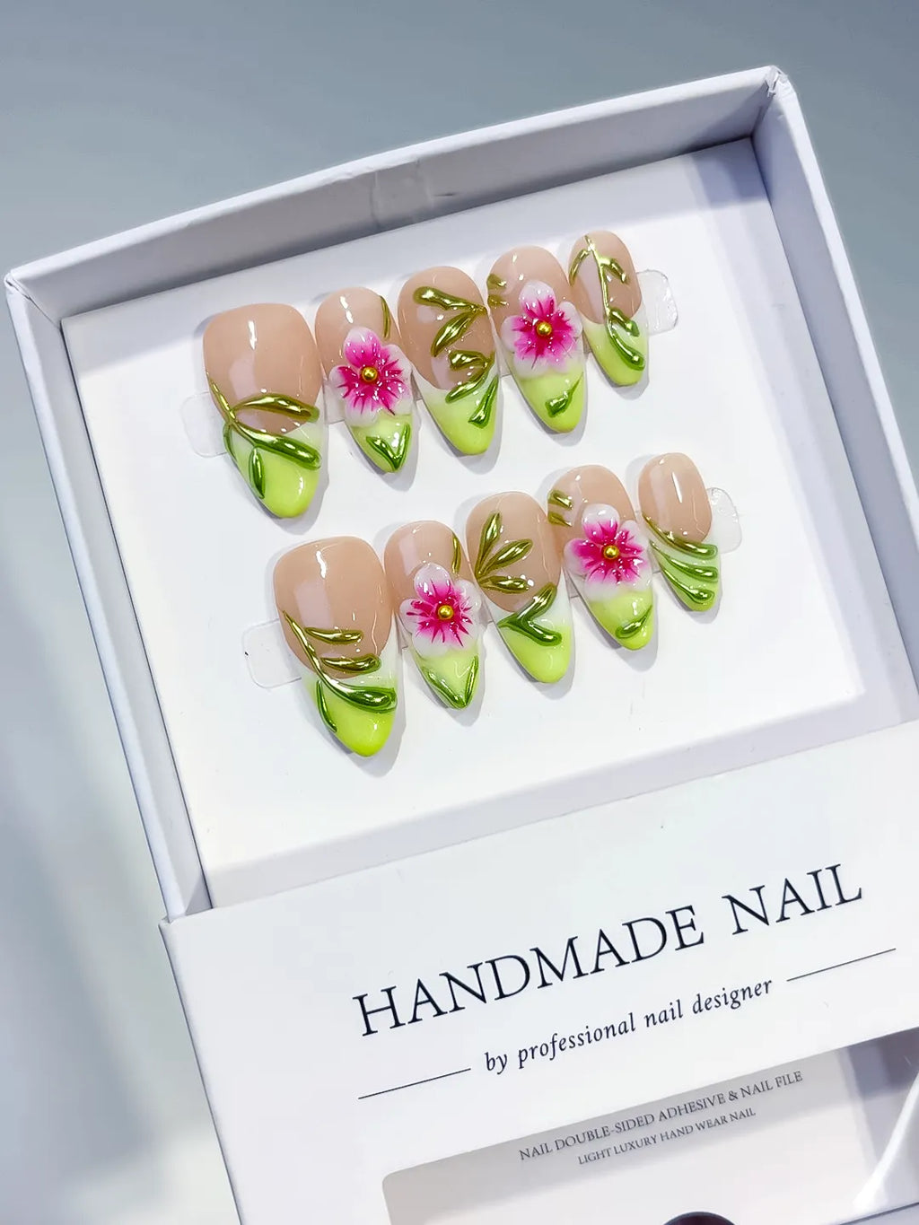 Medium Nude Green Almond French tip Flower Leaf