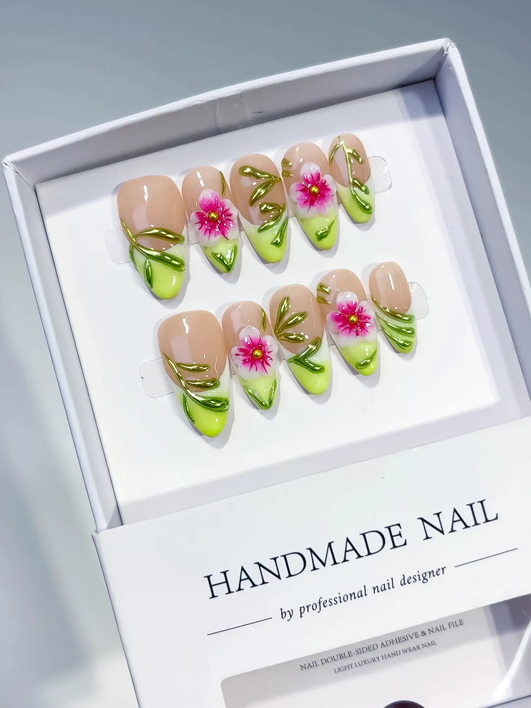 Medium Nude Green Almond French tip Flower Leaf