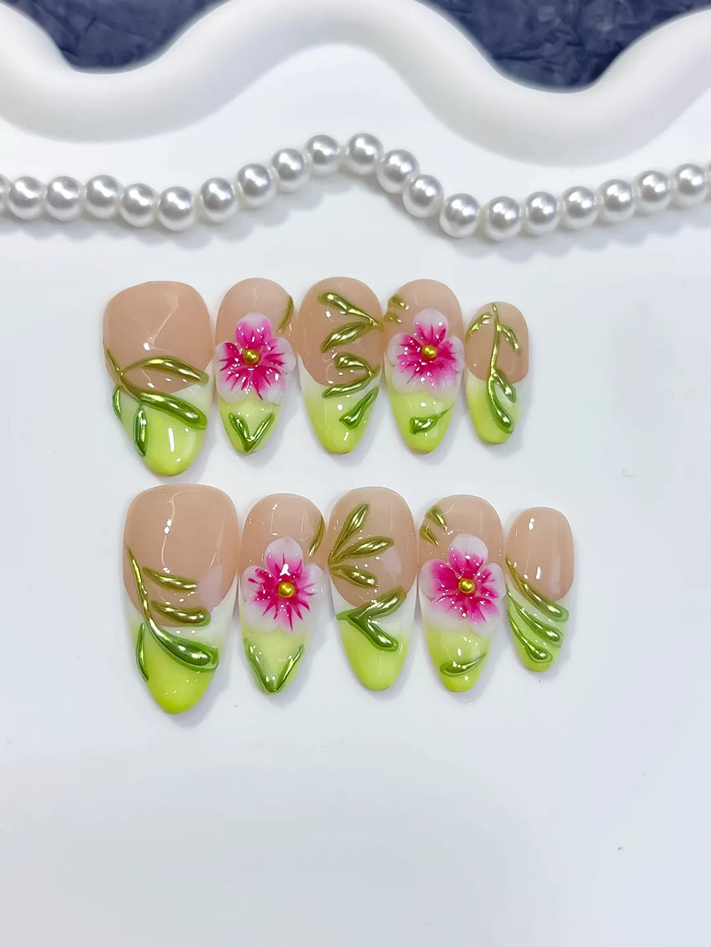 Medium Nude Green Almond French tip Flower Leaf