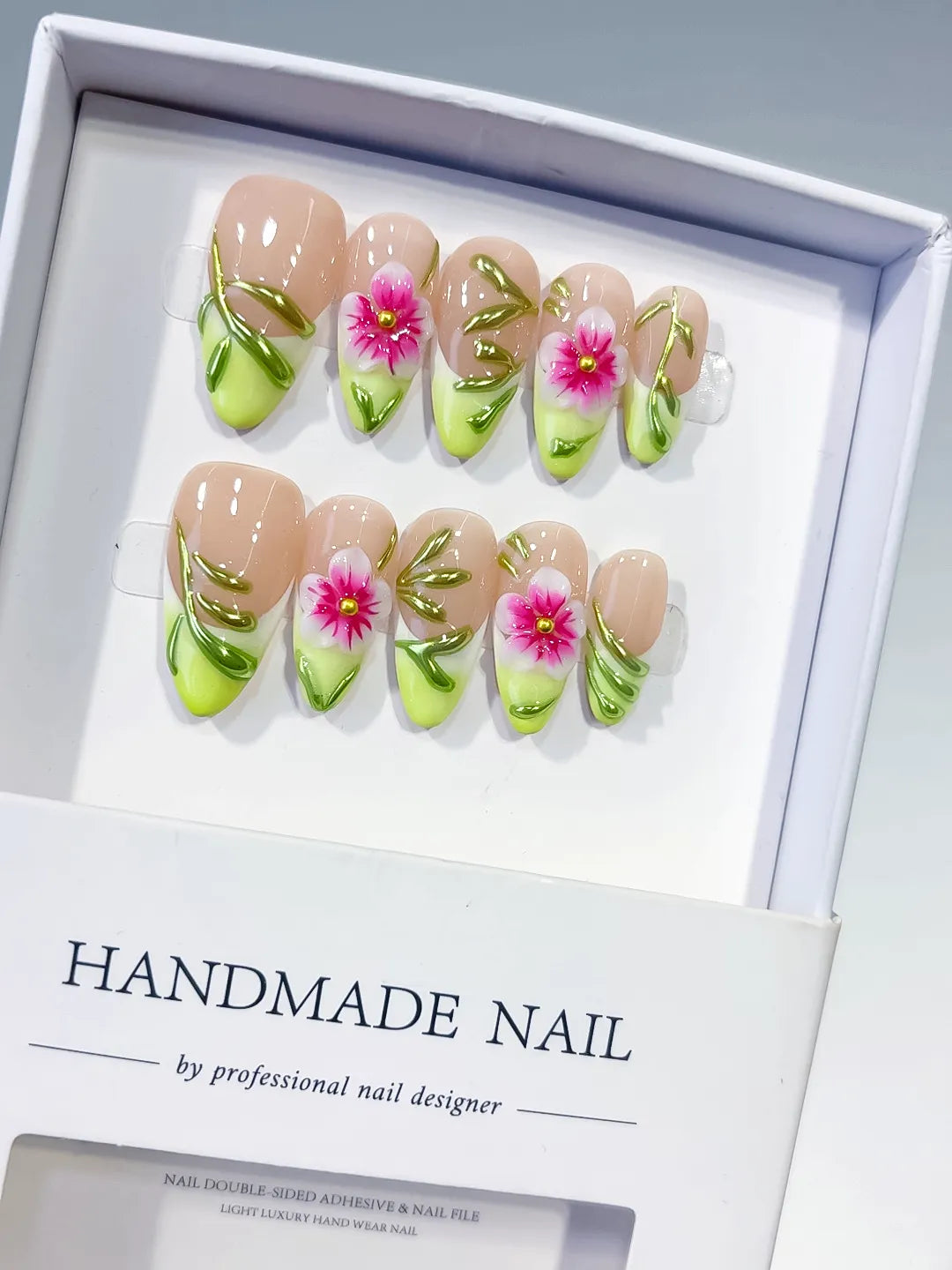 Medium Nude Green Almond French tip Flower Leaf
