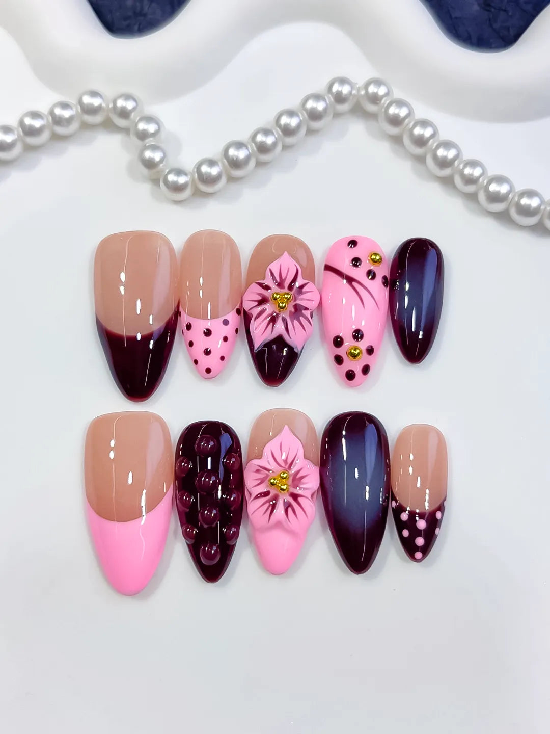 Medium Nude Pink Almond Abstract Flower Dot Pattern