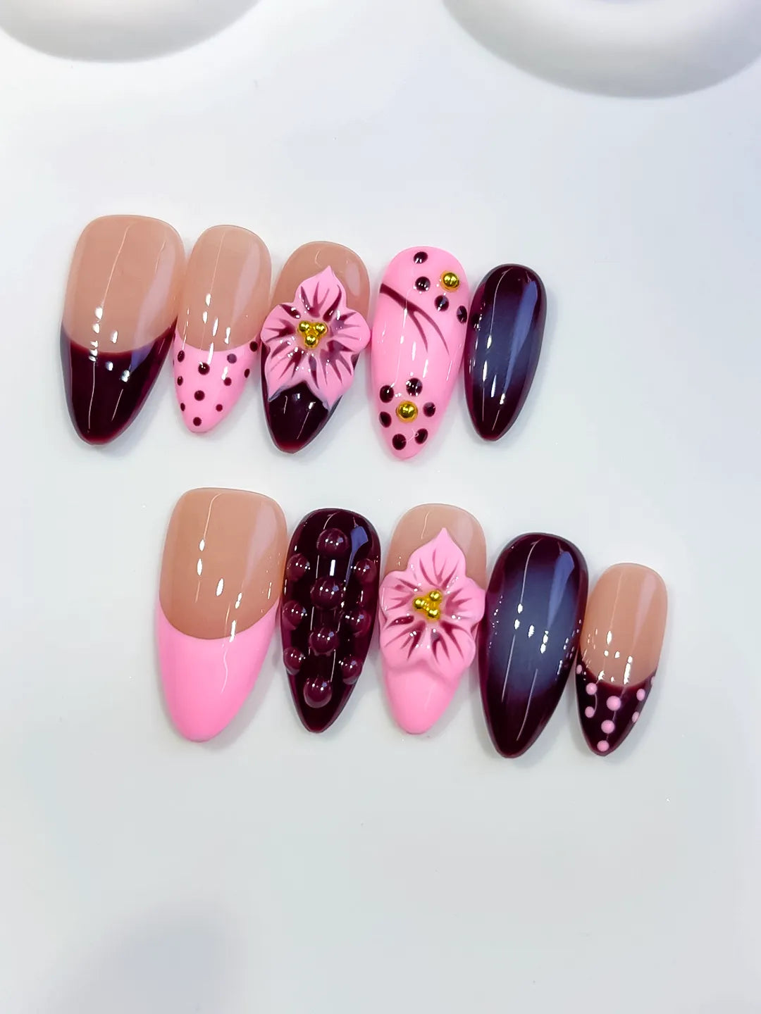 Medium Nude Pink Almond Abstract Flower Dot Pattern