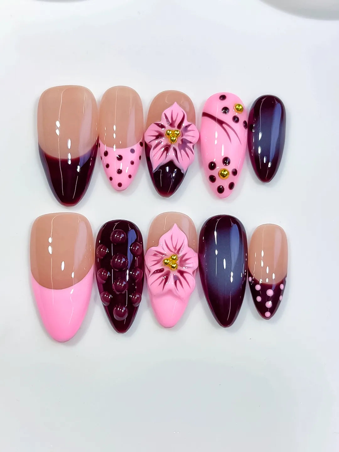 Medium Nude Pink Almond Abstract Flower Dot Pattern