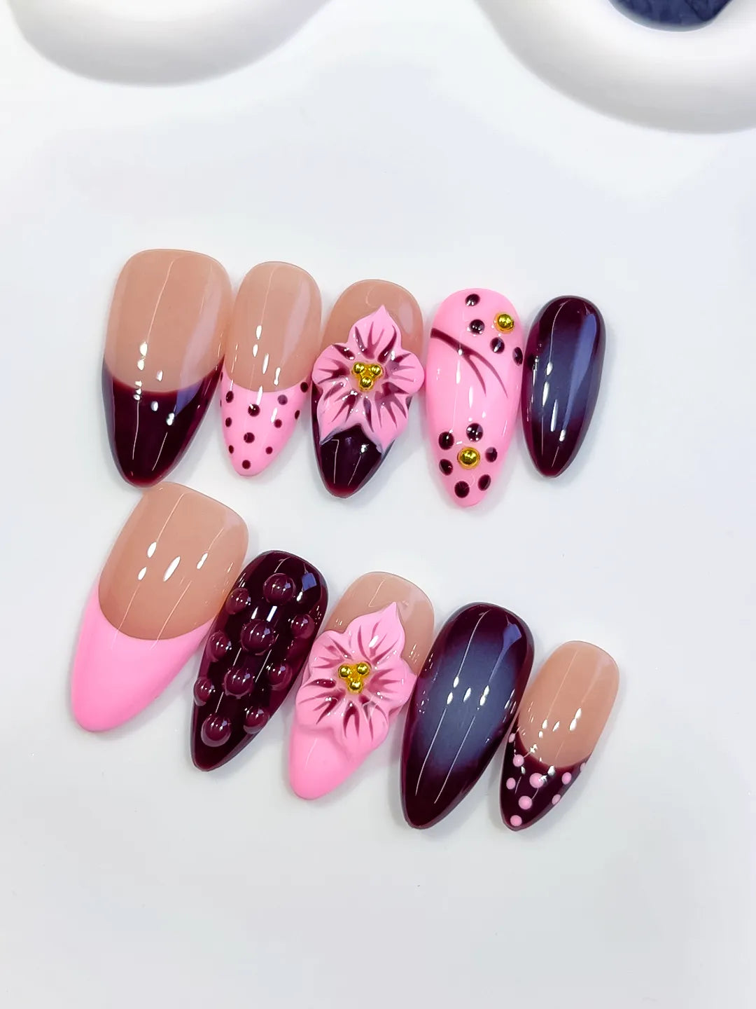 Medium Nude Pink Almond Abstract Flower Dot Pattern