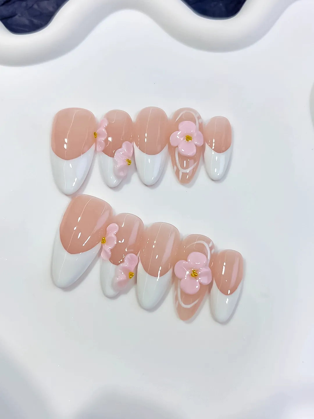 Medium Nude White Almond French tip Flower