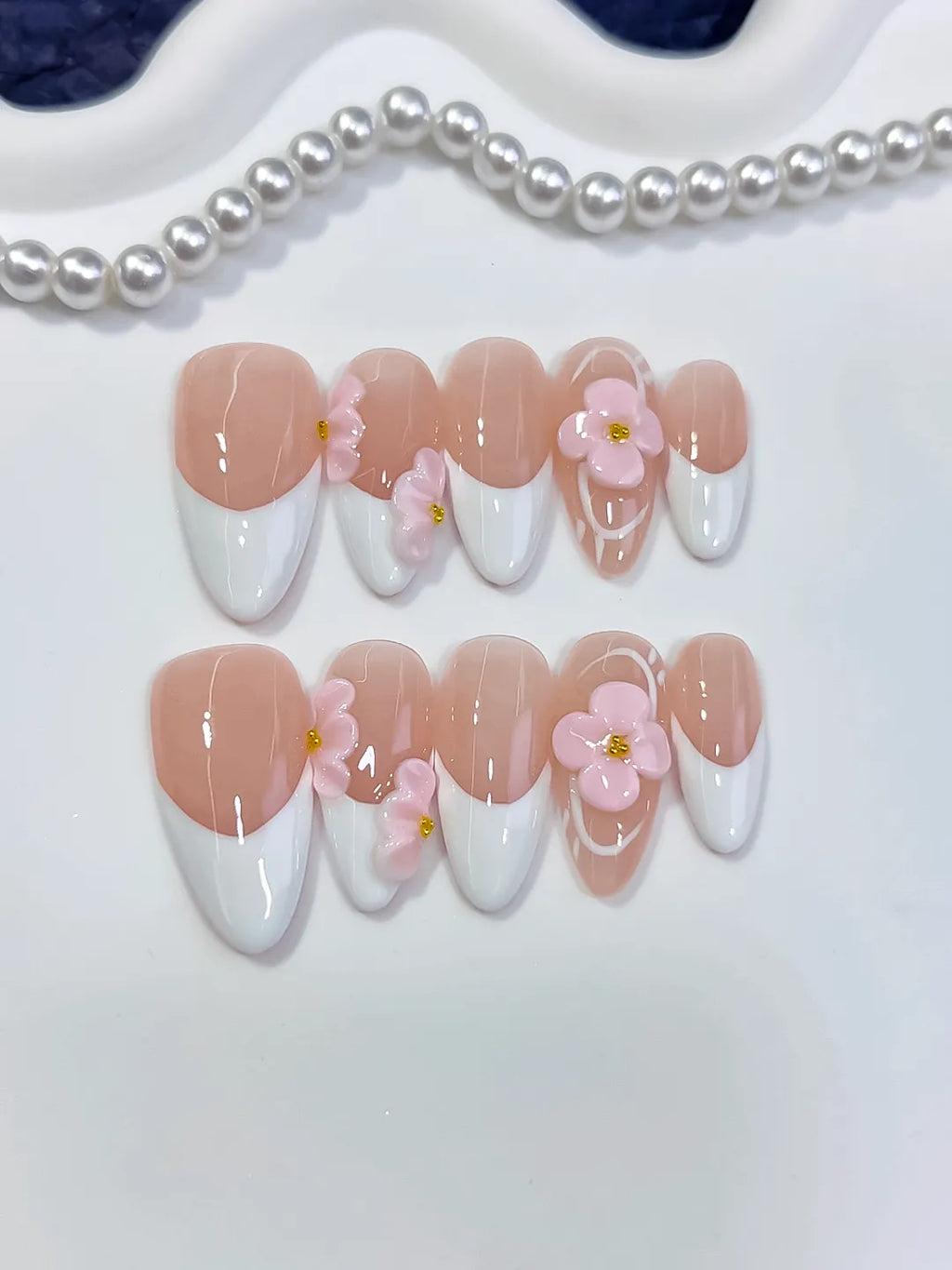 Medium Nude White Almond French tip Flower