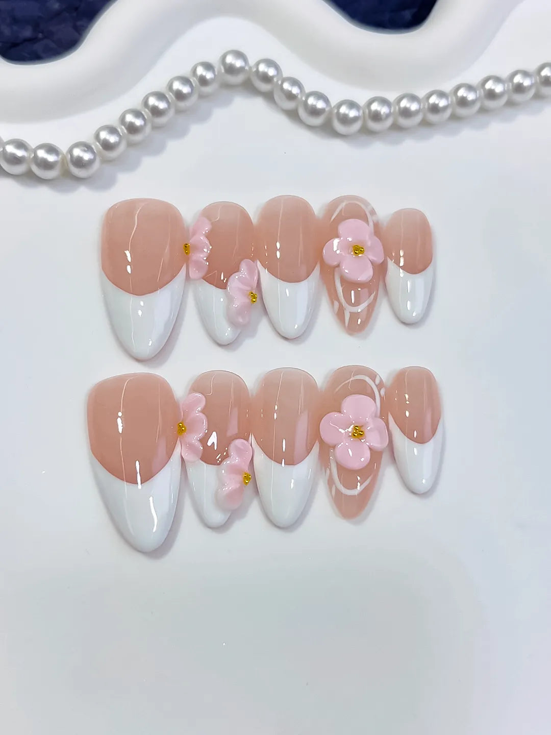 Medium Nude White Almond French tip Flower
