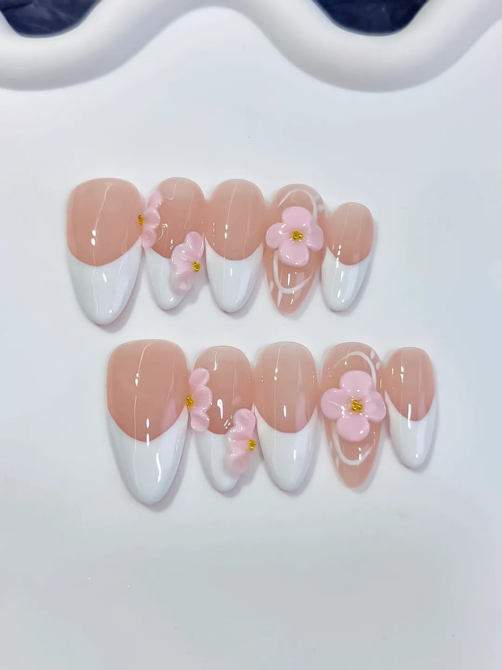 Medium Nude White Almond French tip Flower