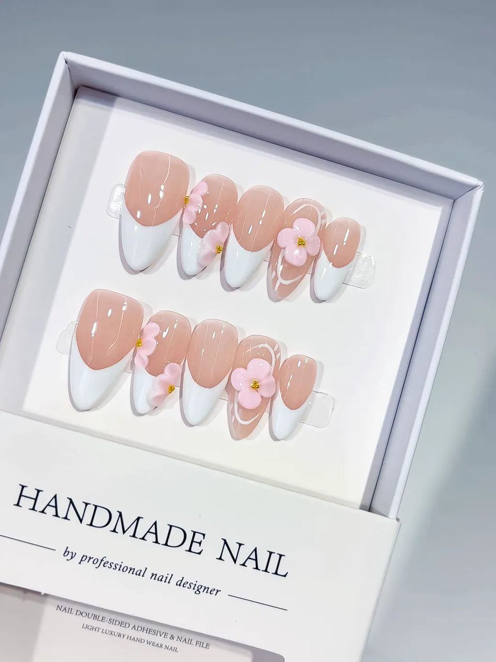 Medium Nude White Almond French tip Flower