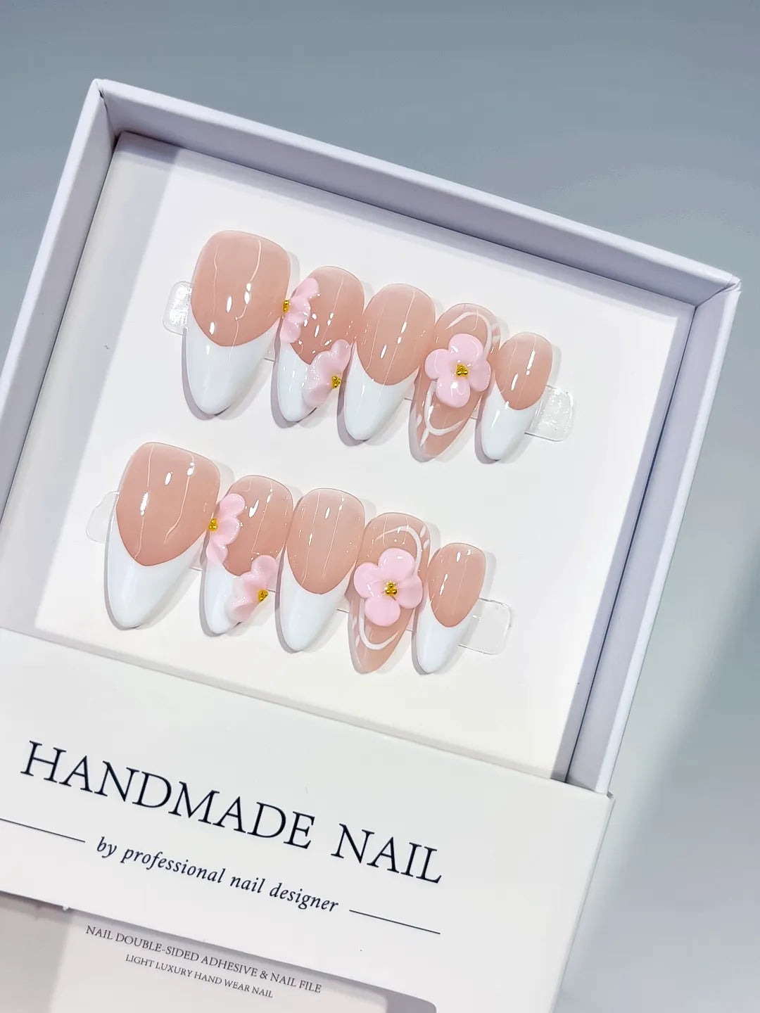 Medium Nude White Almond French tip Flower