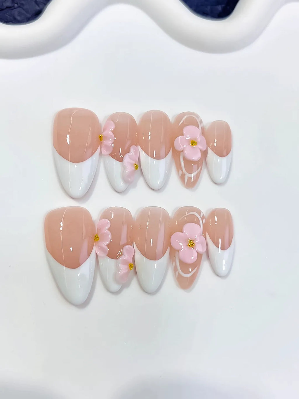 Medium Nude White Almond French tip Flower