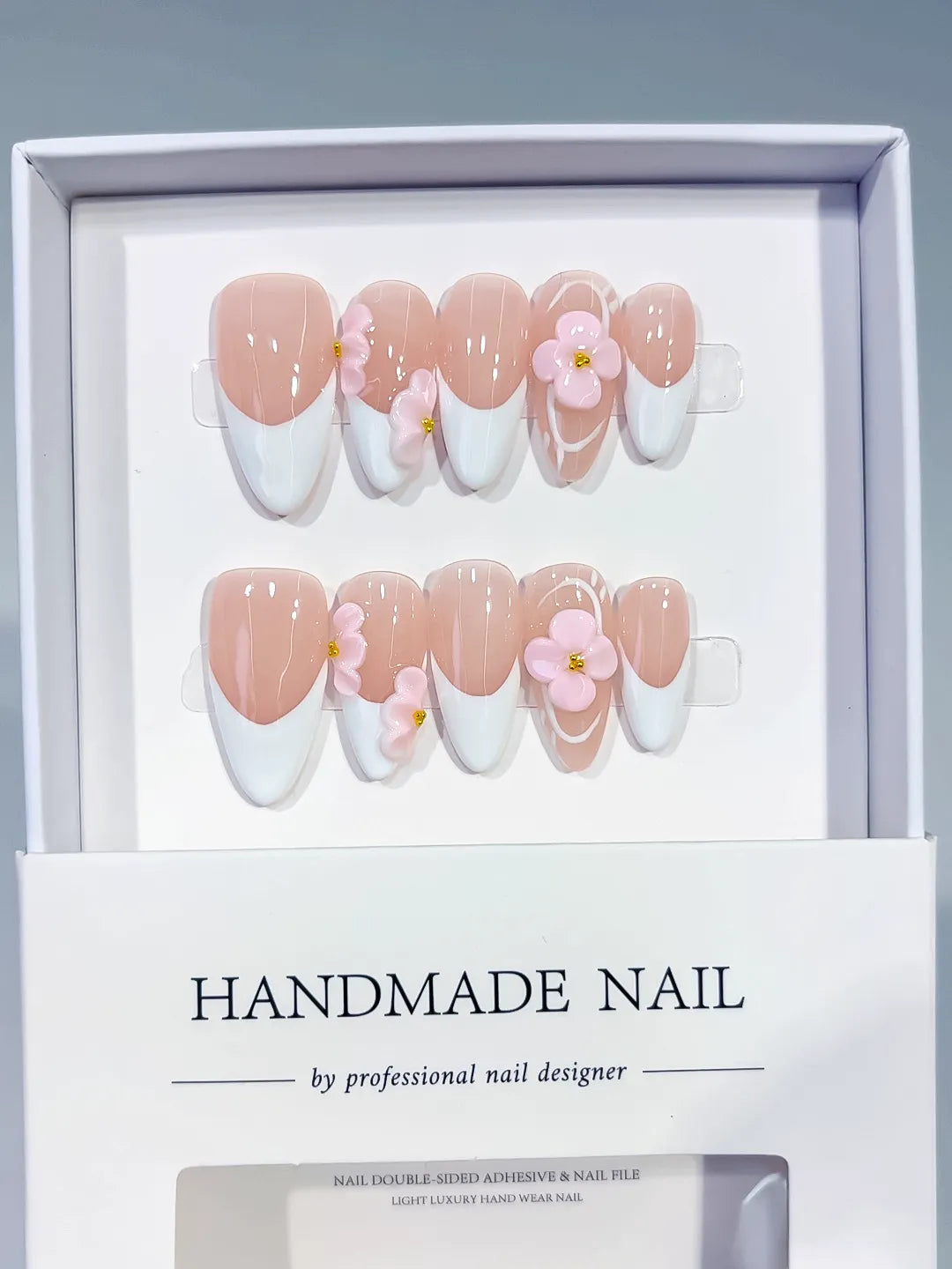 Medium Nude White Almond French tip Flower