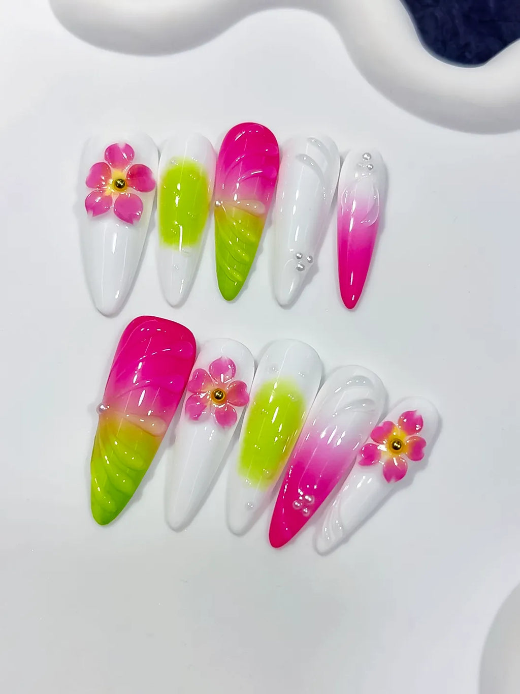 Long White Pink Almond Ombre Flower Shell