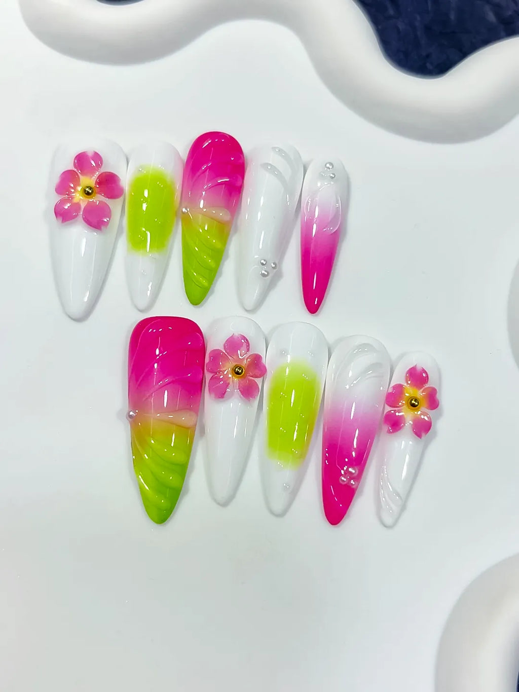 Long White Pink Almond Ombre Flower Shell