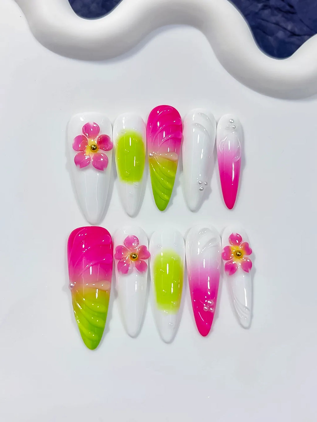 Long White Pink Almond Ombre Flower Shell