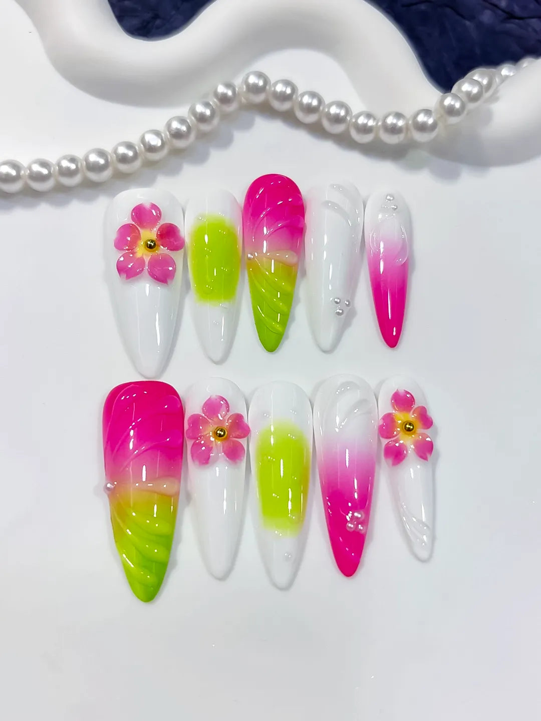 Long White Pink Almond Ombre Flower Shell