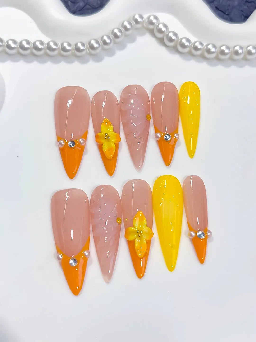 Long Nude Orange Almond French tip Flower Shell