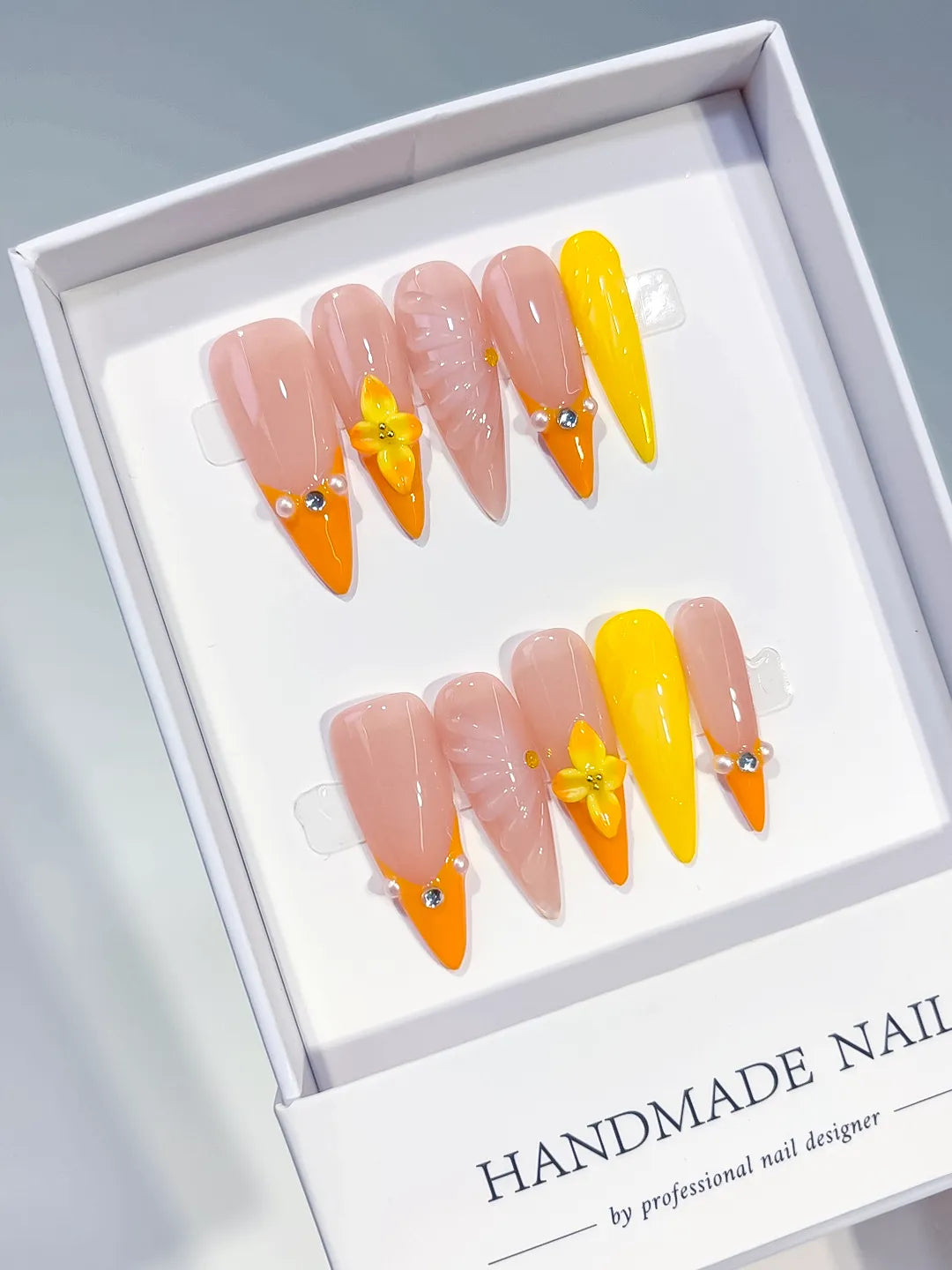 Long Nude Orange Almond French tip Flower Shell