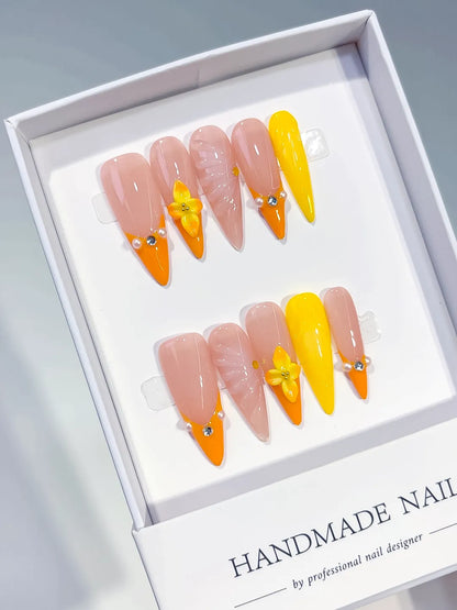 Long Nude Orange Almond French tip Flower Shell