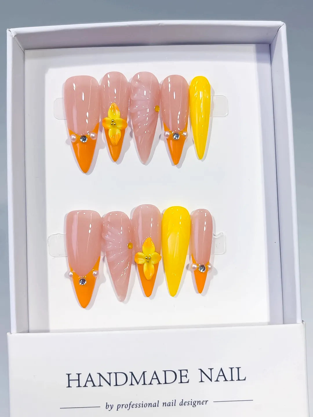 Long Nude Orange Almond French tip Flower Shell