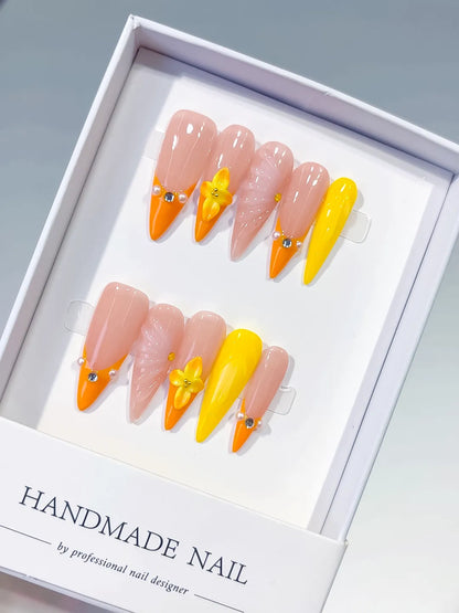 Long Nude Orange Almond French tip Flower Shell