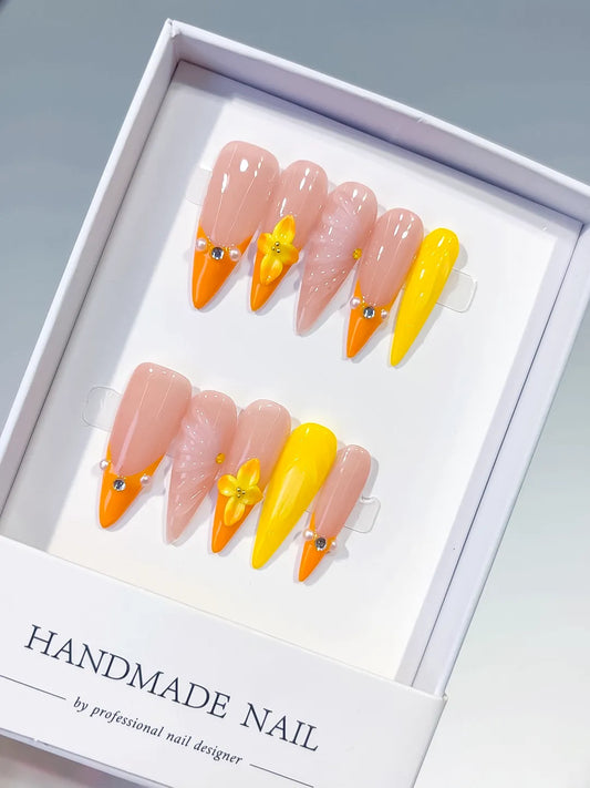 Long Nude Orange Almond French tip Flower Shell