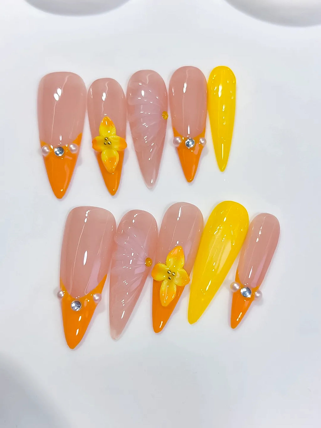 Long Nude Orange Almond French tip Flower Shell
