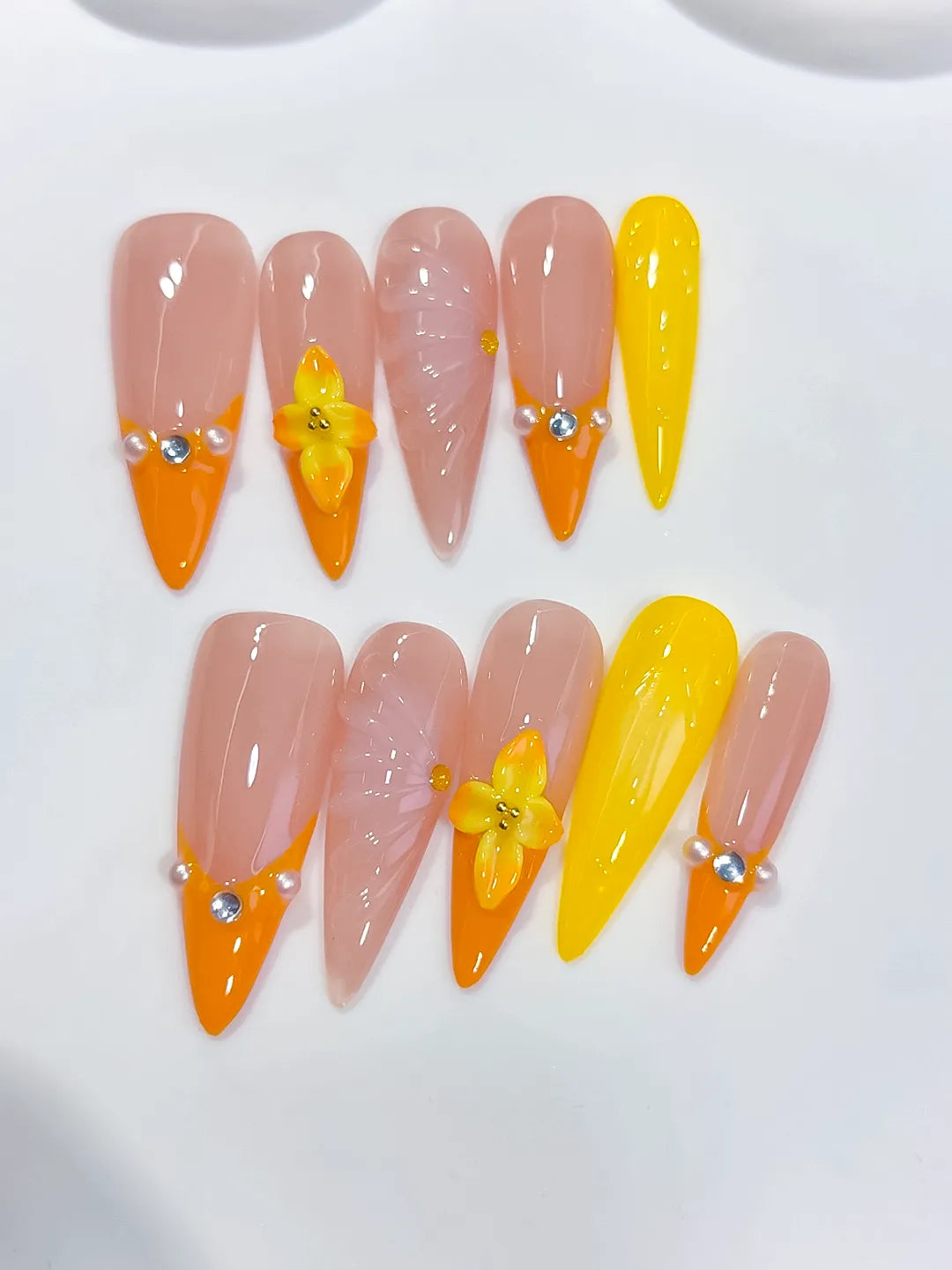 Long Nude Orange Almond French tip Flower Shell