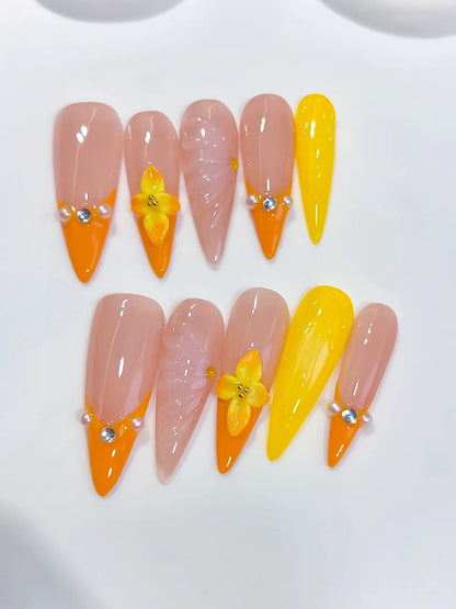 Long Nude Orange Almond French tip Flower Shell