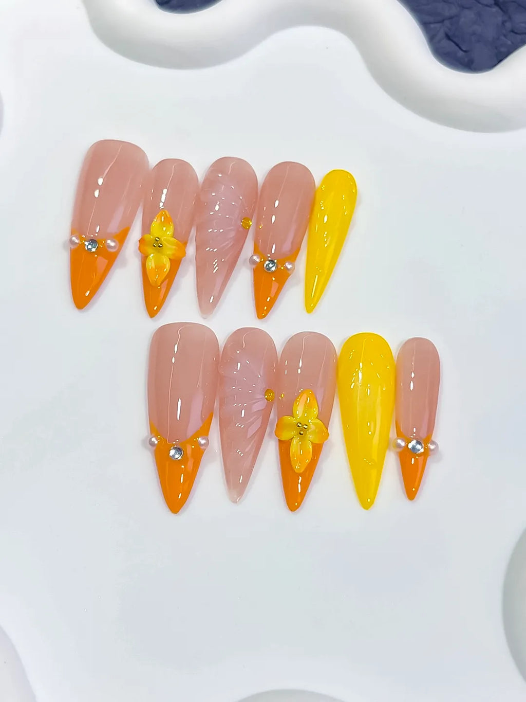 Long Nude Orange Almond French tip Flower Shell