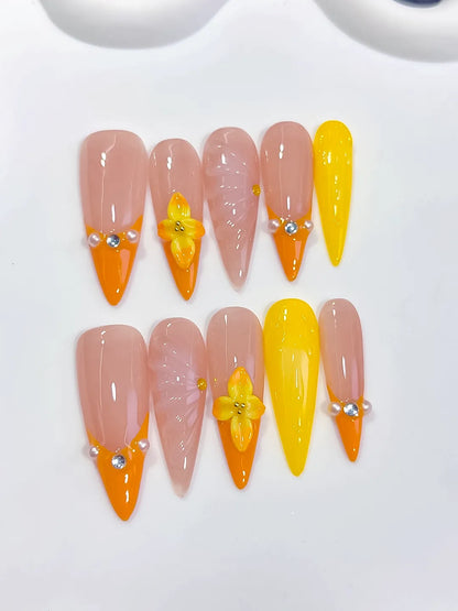 Long Nude Orange Almond French tip Flower Shell