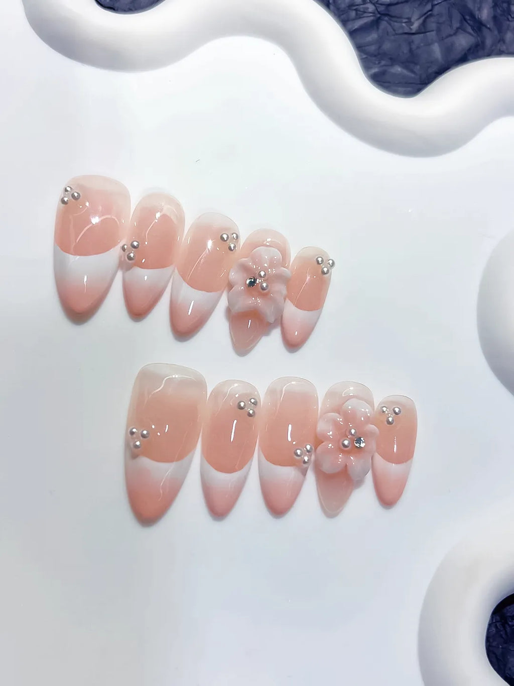 Medium Pink White Almond French tip Flower Rhinestone