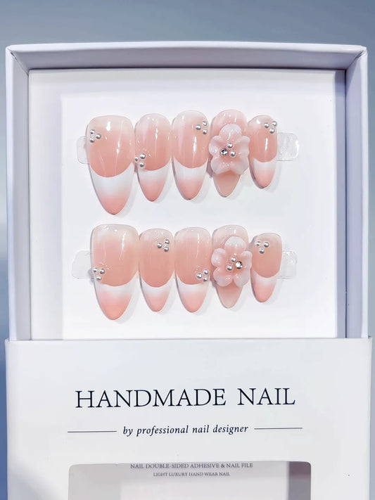 Medium Pink White Almond French tip Flower Rhinestone