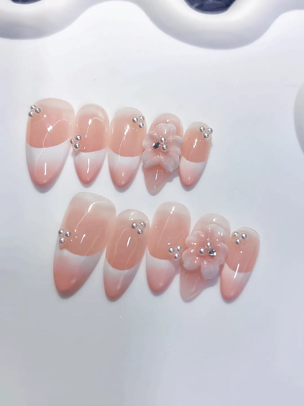 Medium Pink White Almond French tip Flower Rhinestone