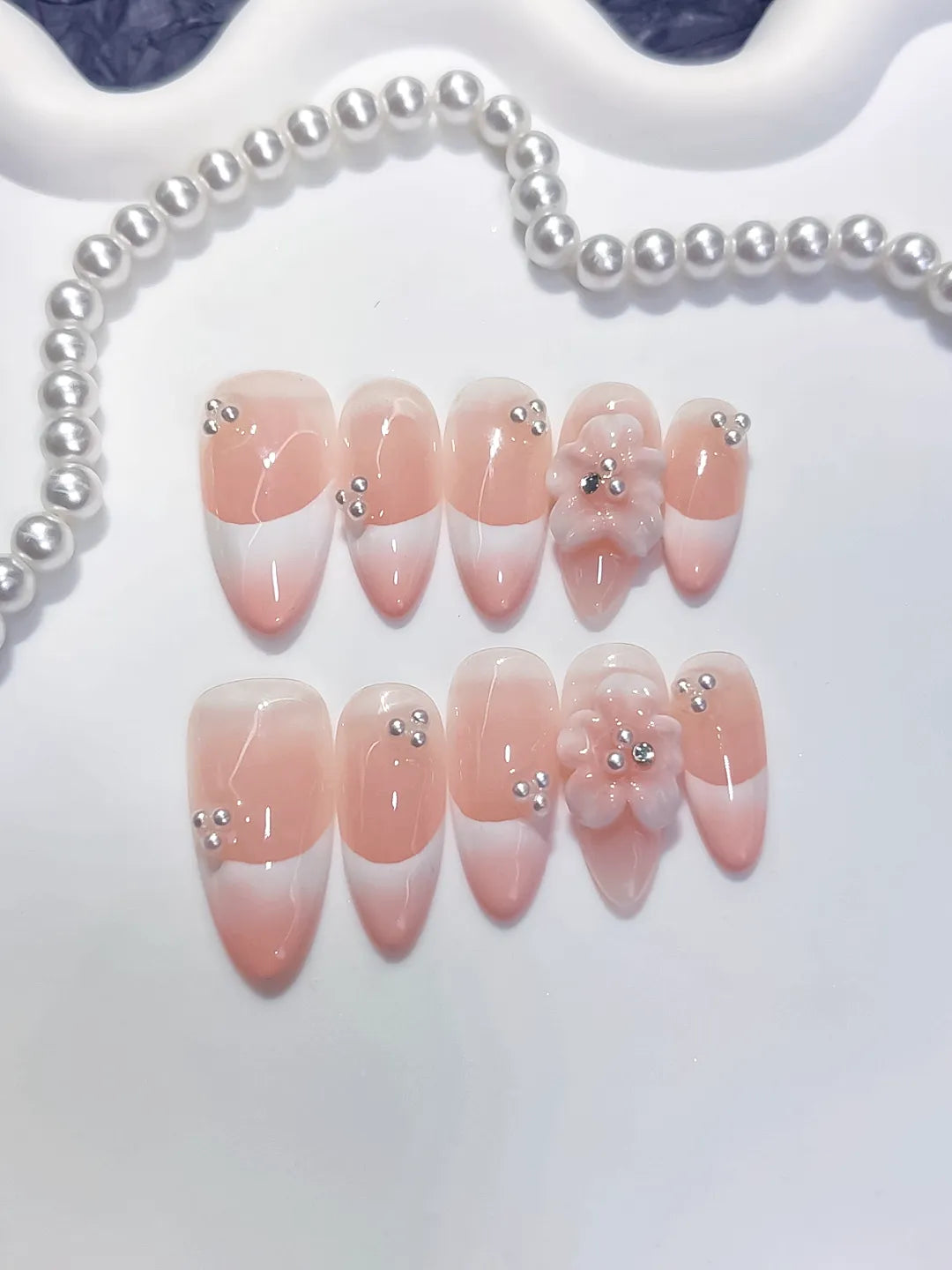 Medium Pink White Almond French tip Flower Rhinestone