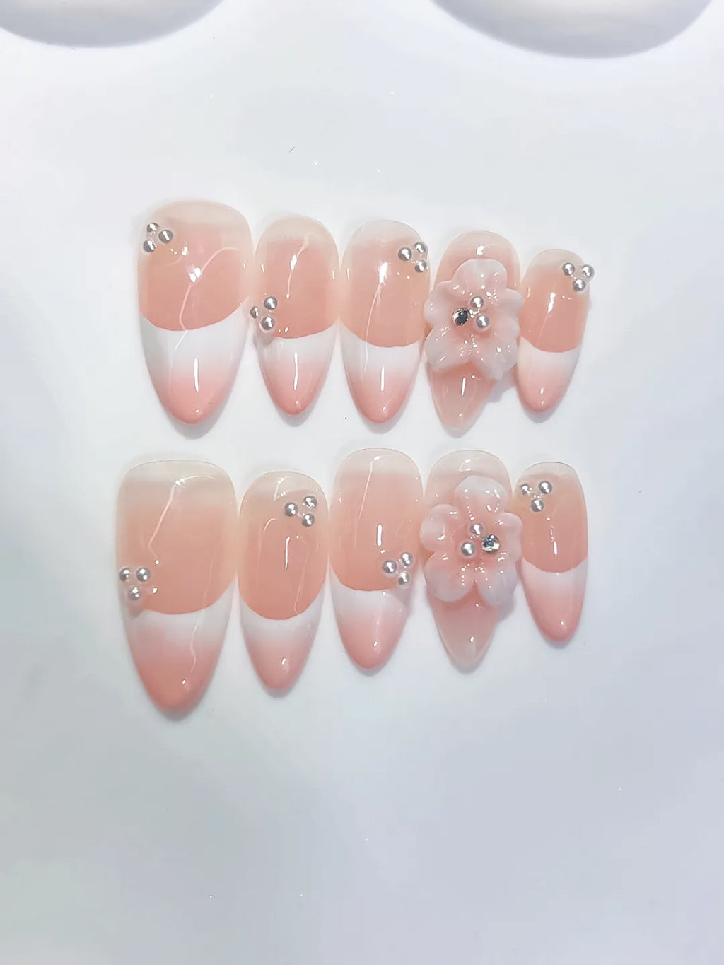 Medium Pink White Almond French tip Flower Rhinestone