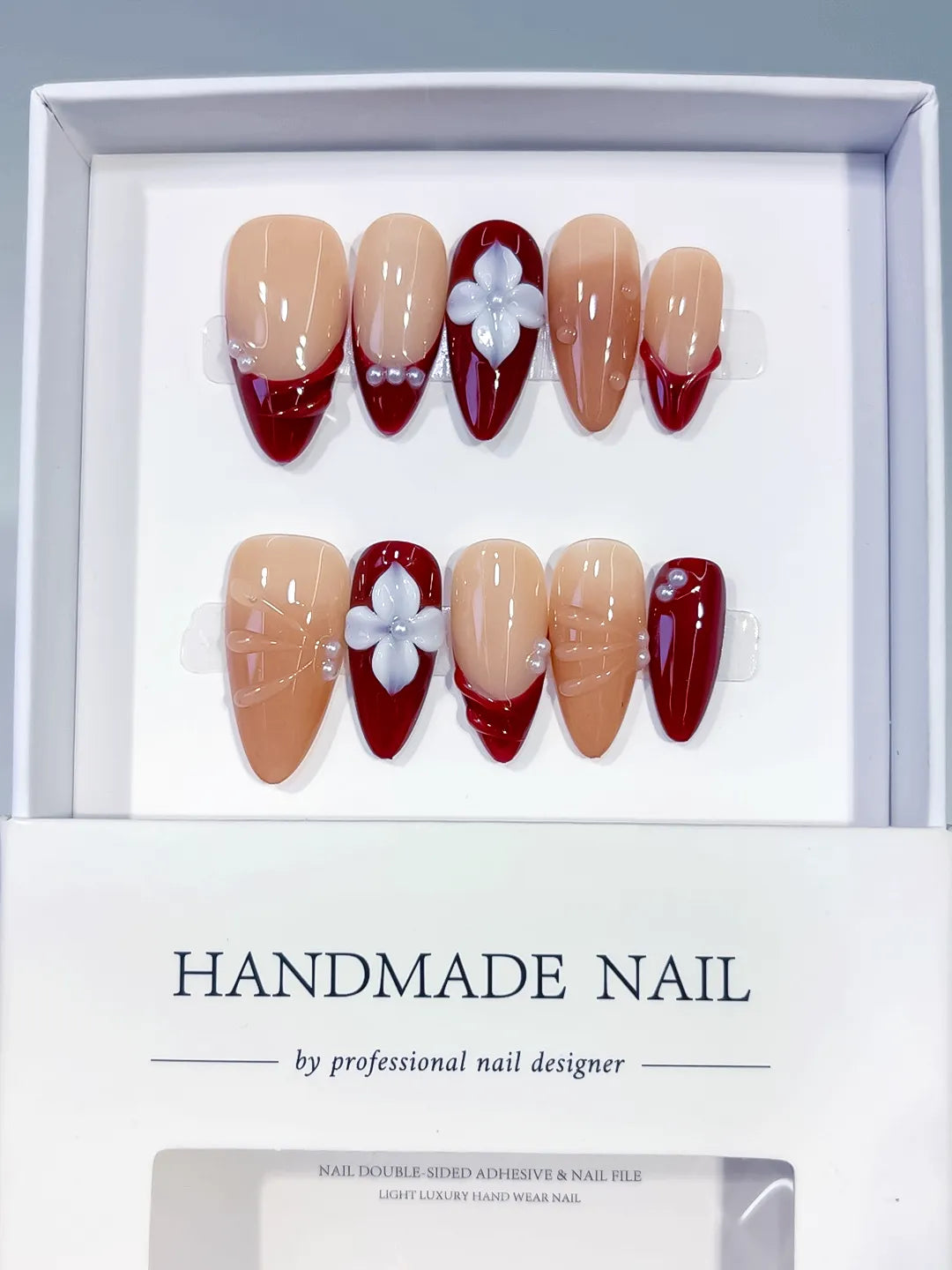 Medium Nude Red Almond French tip Flower Shell