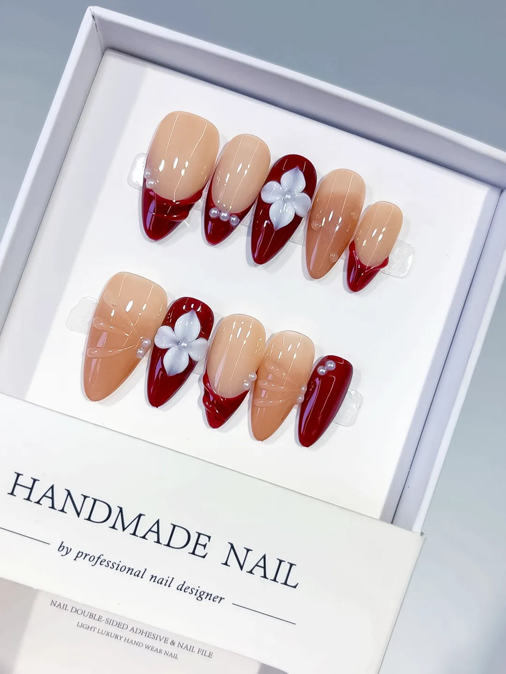 Medium Nude Red Almond French tip Flower Shell