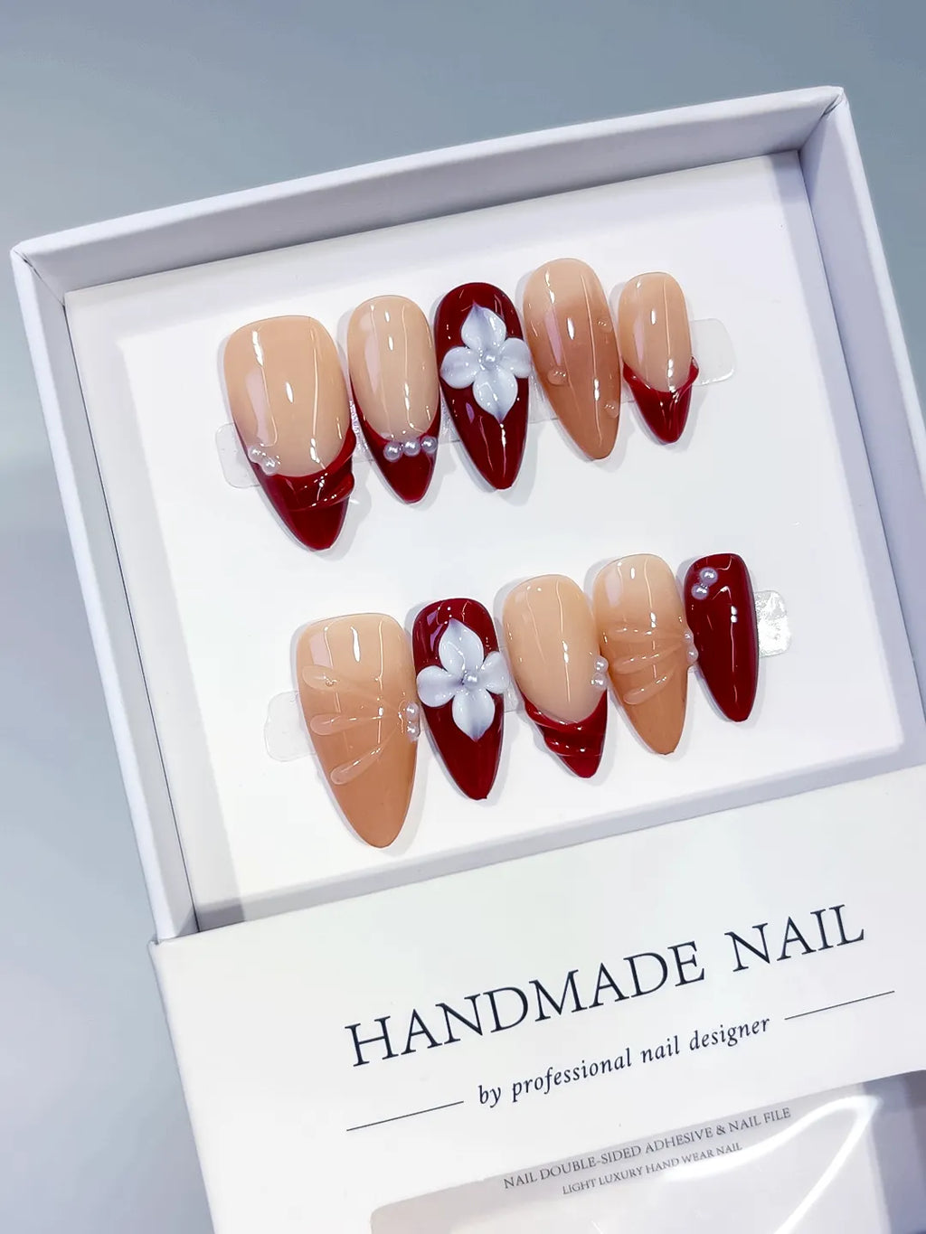 Medium Nude Red Almond French tip Flower Shell