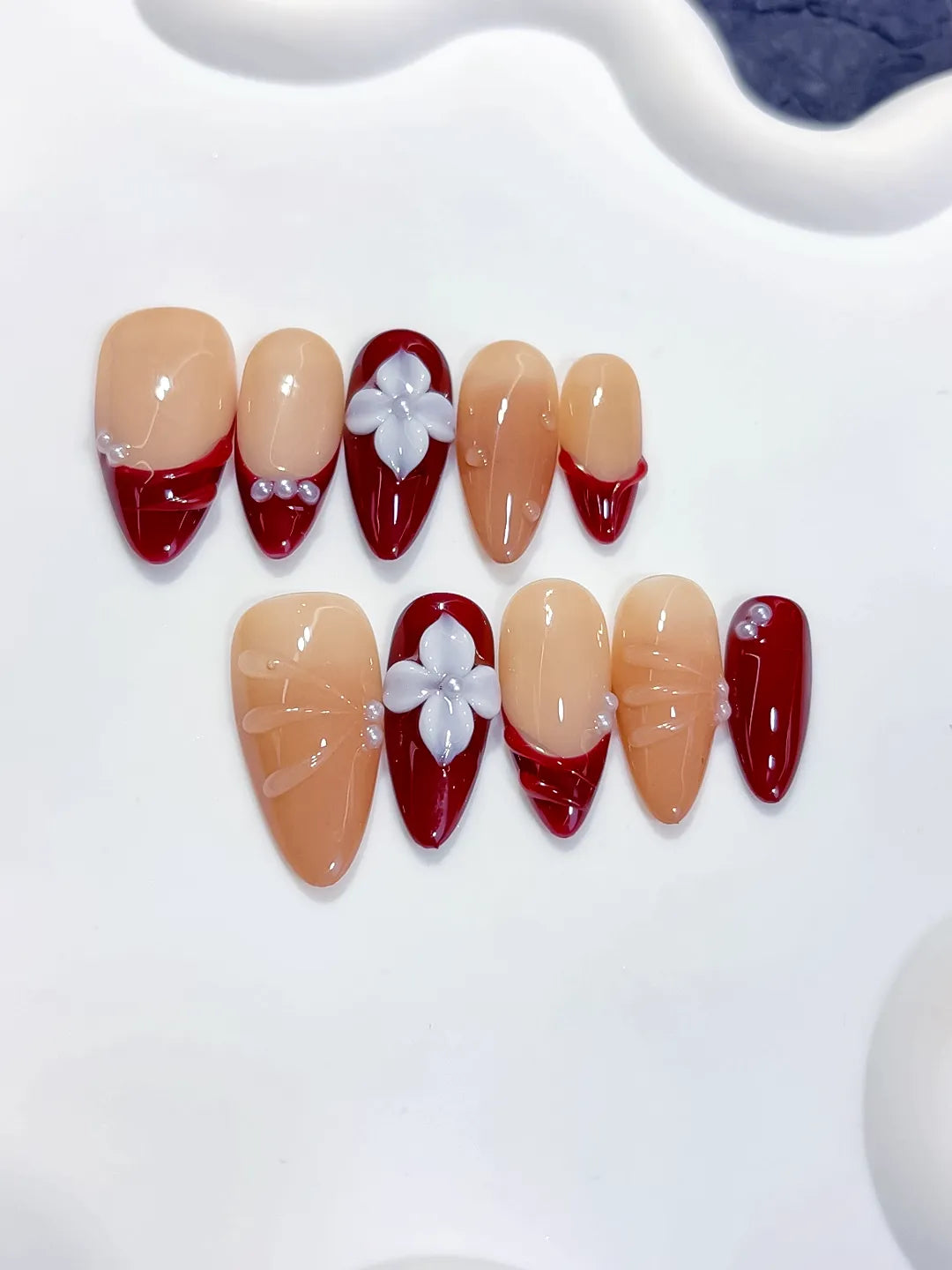 Medium Nude Red Almond French tip Flower Shell