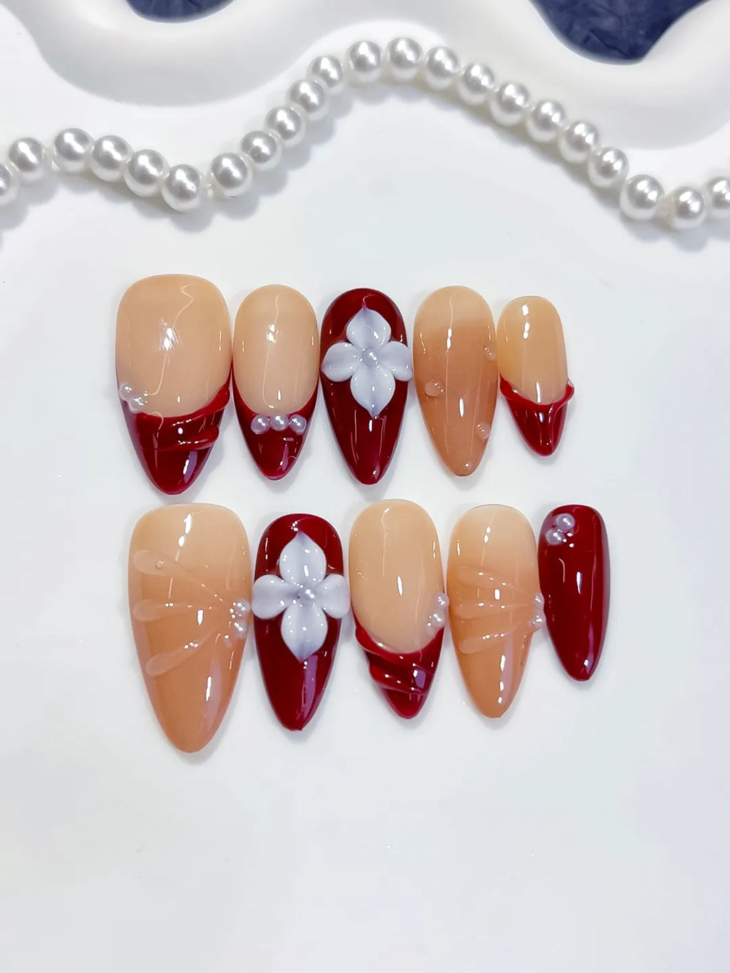 Medium Nude Red Almond French tip Flower Shell