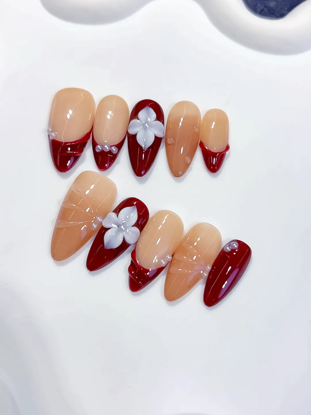 Medium Nude Red Almond French tip Flower Shell