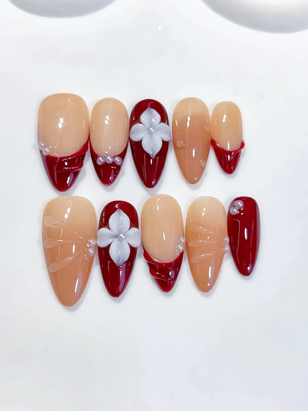 Medium Nude Red Almond French tip Flower Shell