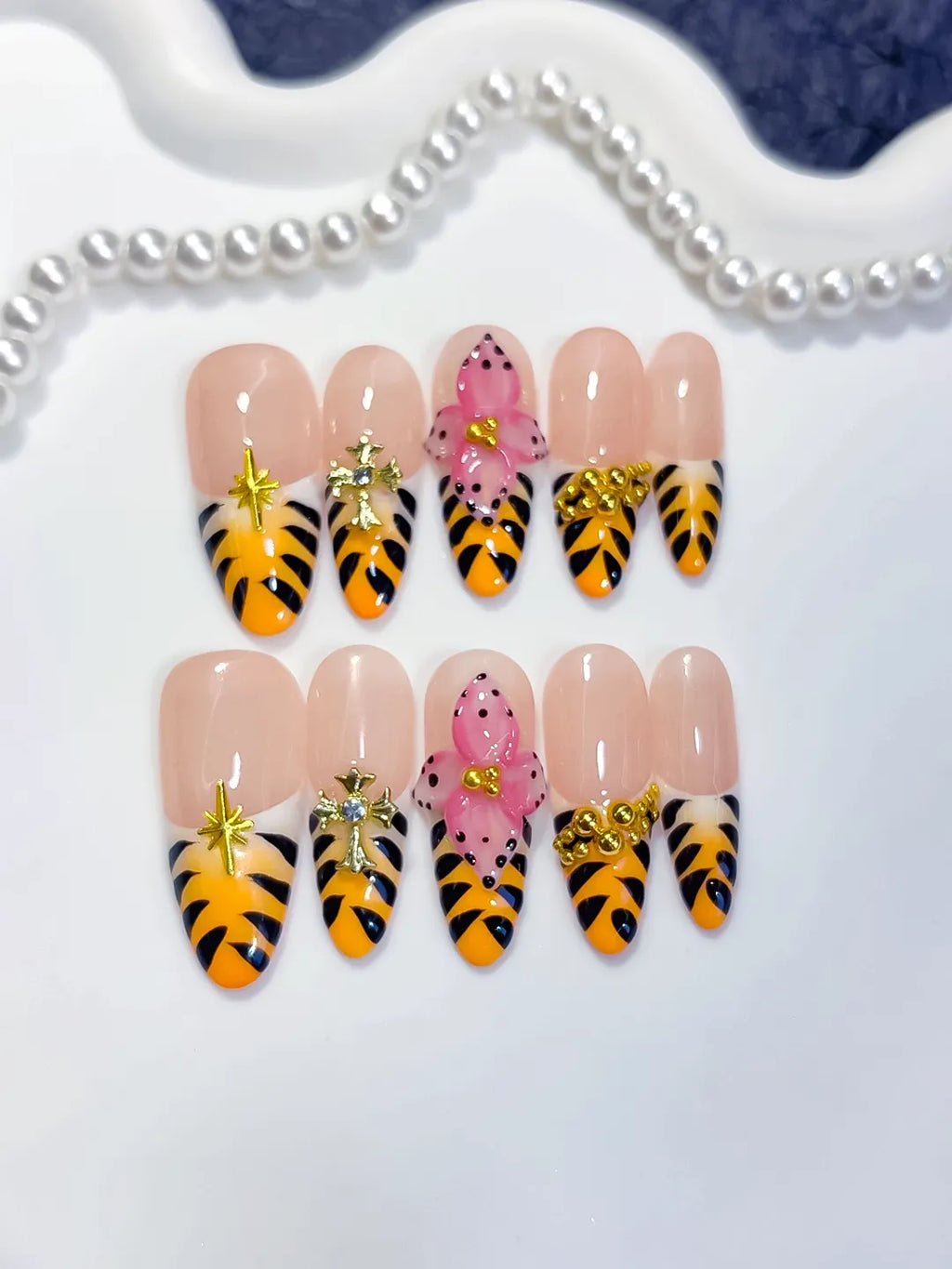 Long Nude Yellow Oval French tip Animal Print Bow