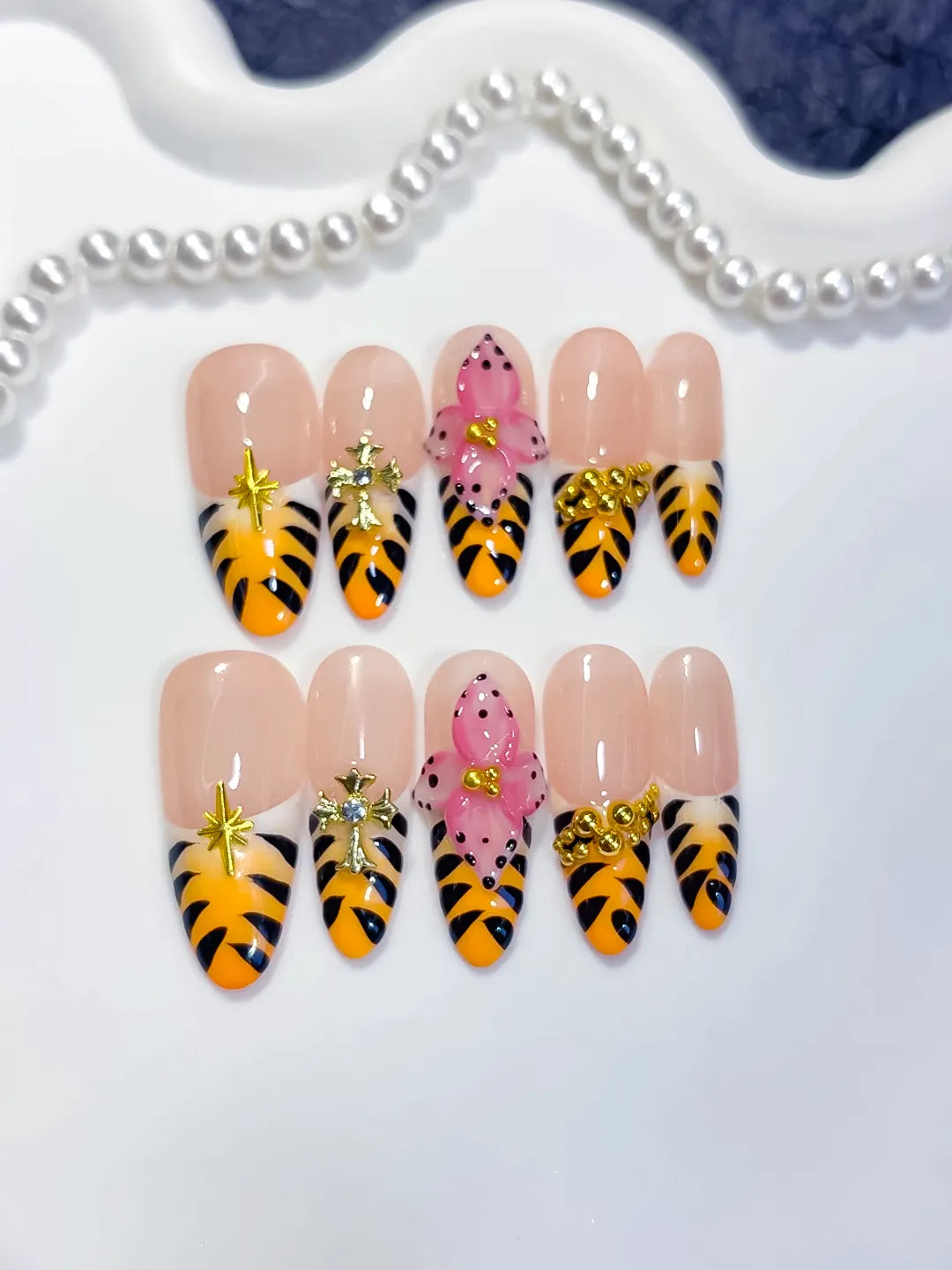 Long Nude Yellow Oval French tip Animal Print Bow