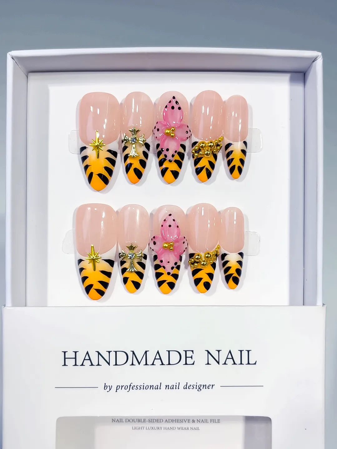 Long Nude Yellow Oval French tip Animal Print Bow
