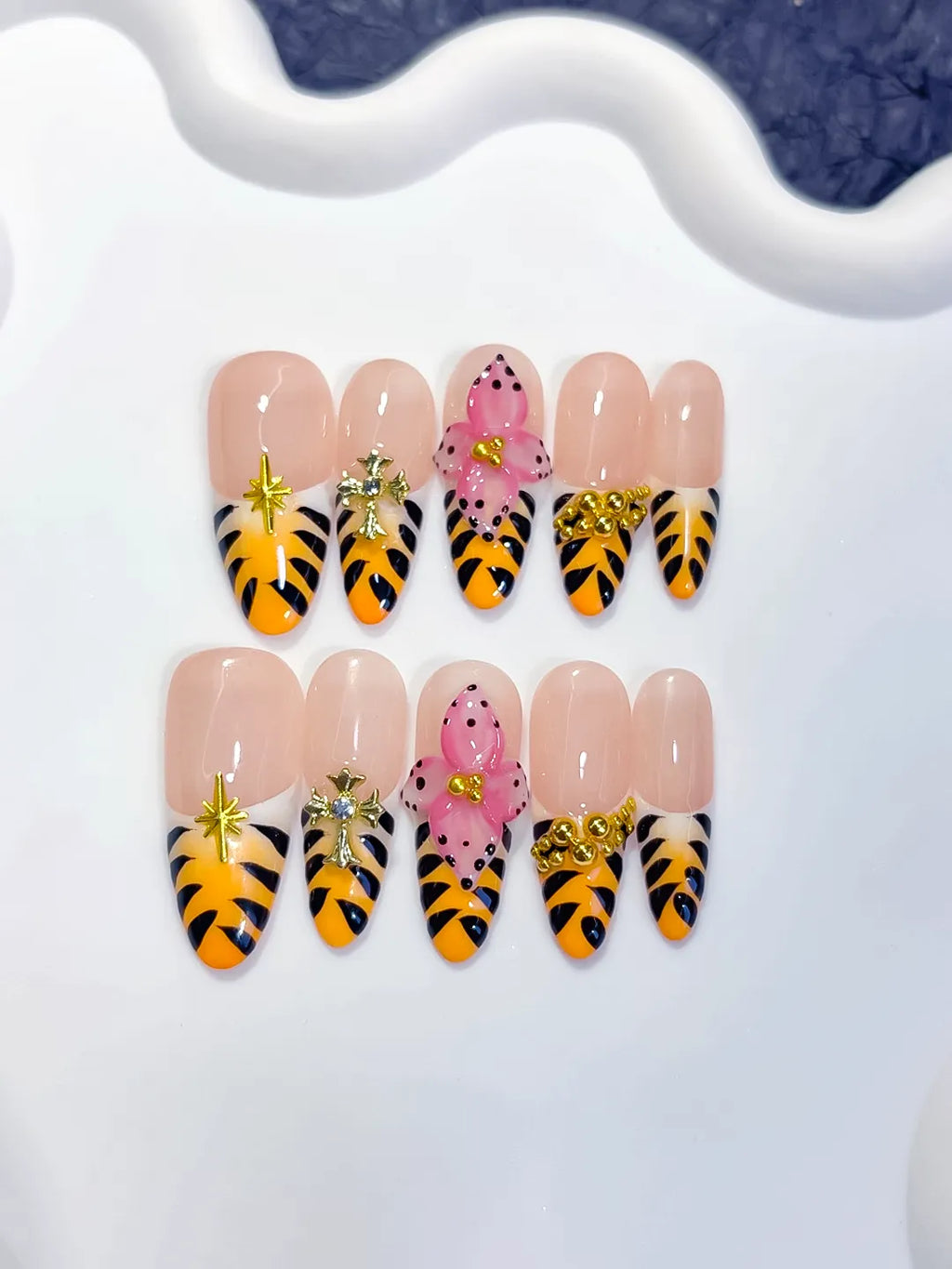 Long Nude Yellow Oval French tip Animal Print Bow